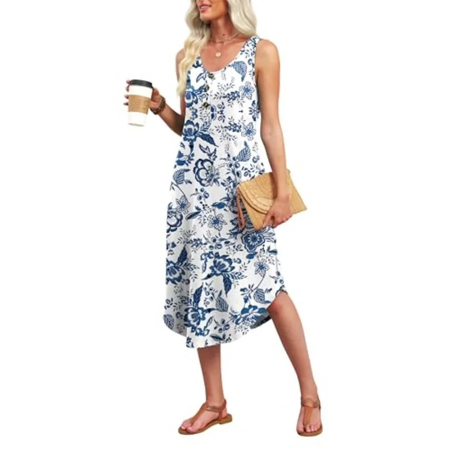 Women Sleeveless Floral Midi Dress Beach Casual Vacation Sundress