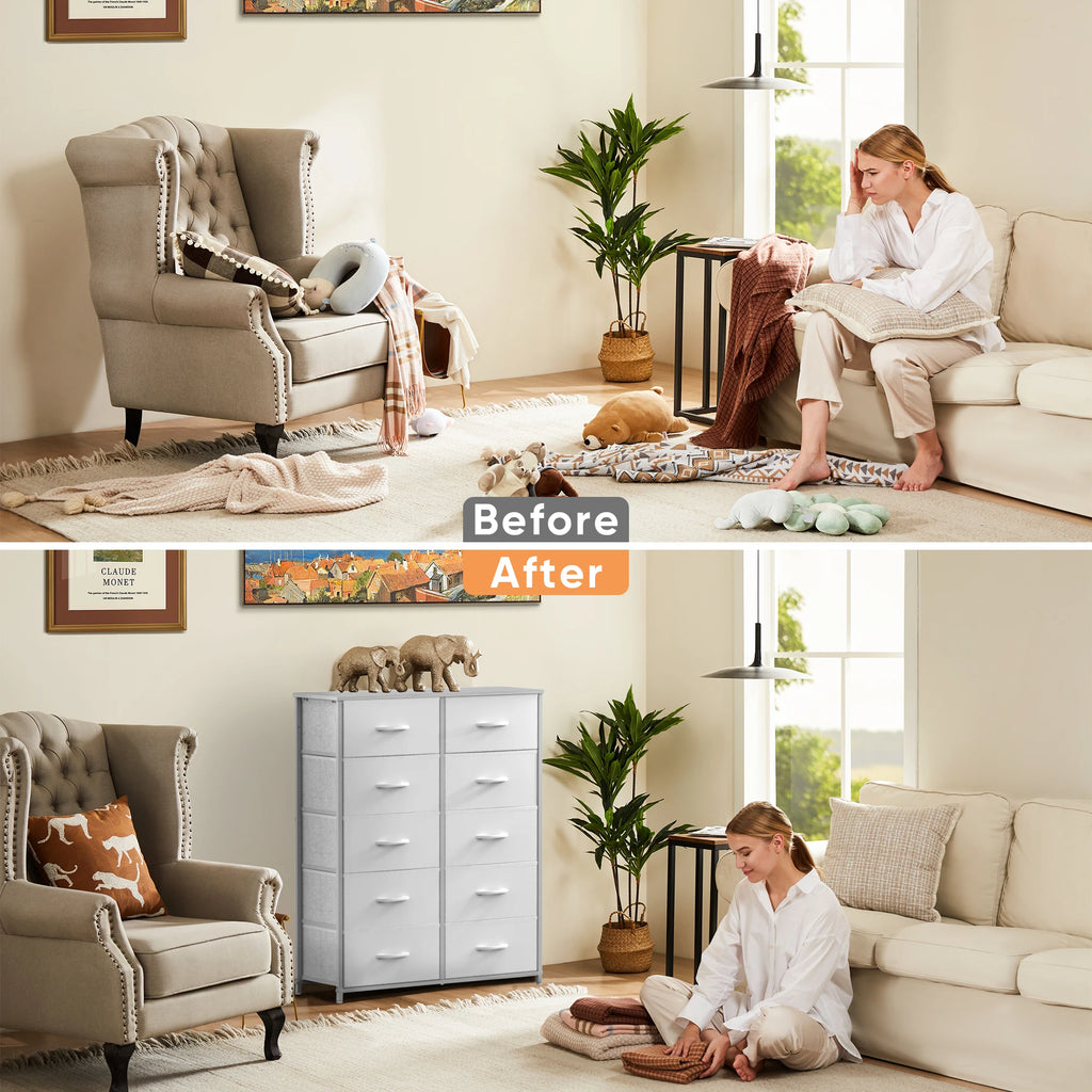 JHK white fabric dresser with 5/7/10 storage drawers for bedroom