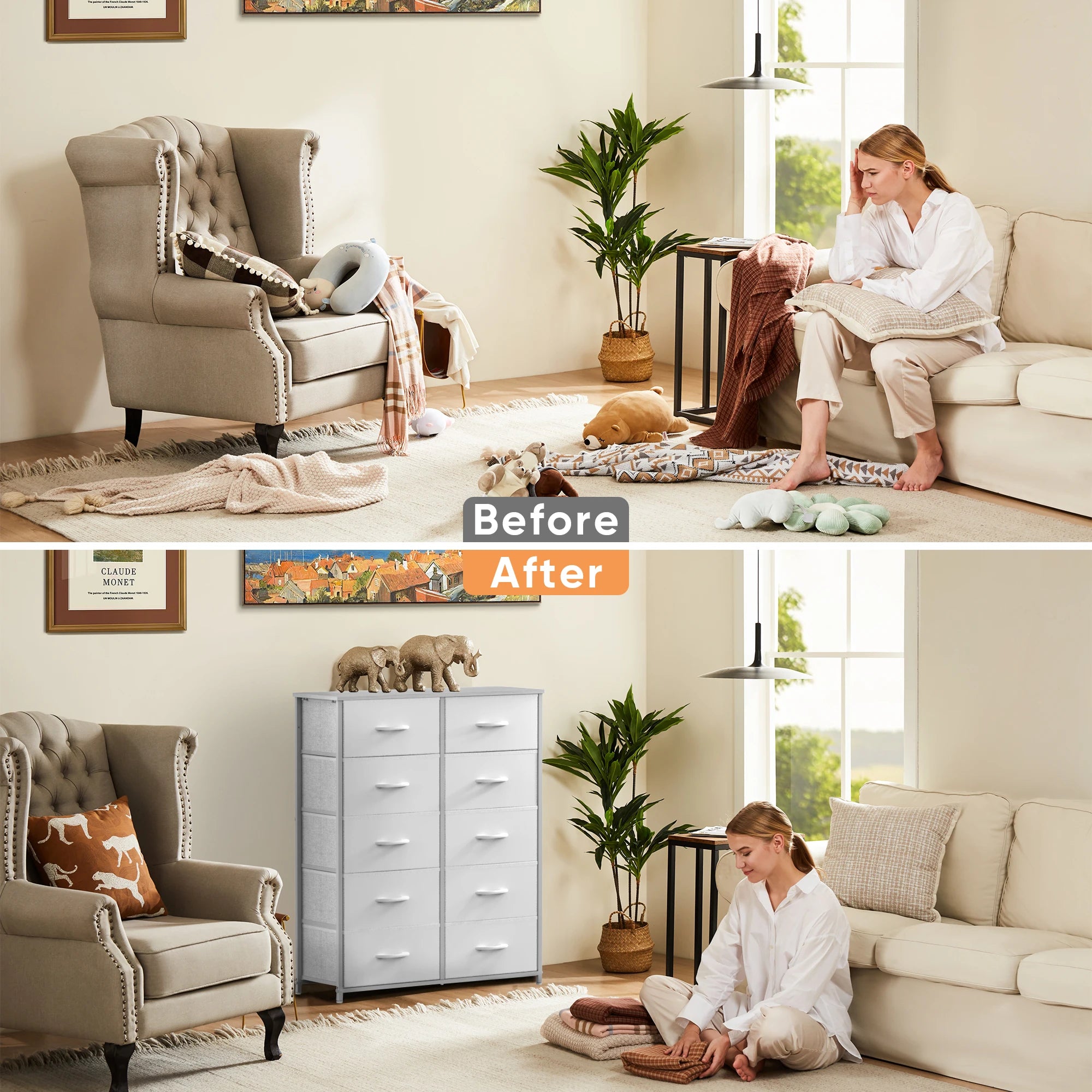 JHK white fabric dresser with 5/7/10 storage drawers for bedroom