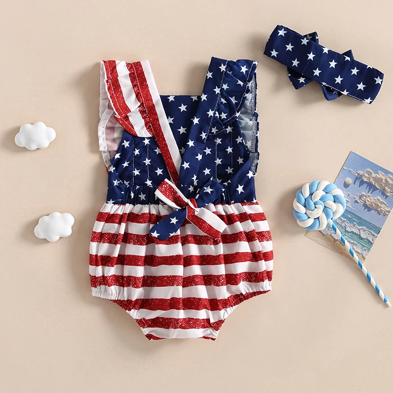 Baby Girl 4th of July Ruffle Romper with Matching Headband
