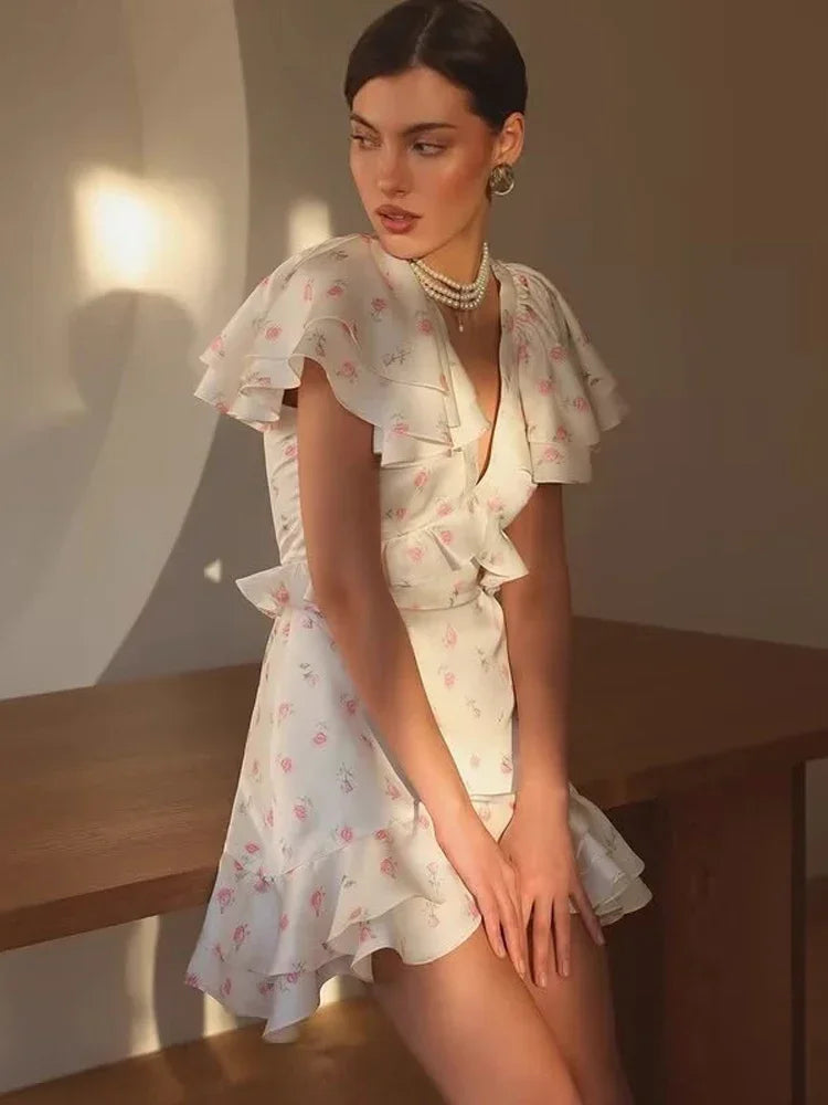 Women Elegant Printed Short Dress Chic V-neck Short Sleeve A-line Bodycon Mini Dresses 2026 Lady New Summer Vacation Street Robe TAVEN System LLC