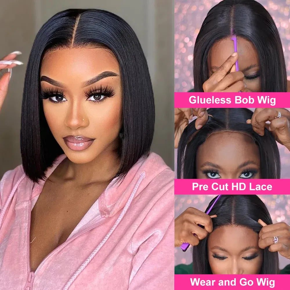 Hair Color: #1B, Ships From: CHINA, Stretched Length: 14inches, Density: 180% - Wear And Go Glueless Bob Wig Human Hair 7x5 HD Lace Closure Human Hair Pre Plucked  No Glue Pre Cut Ready To Wear Frontal Wig Taven
