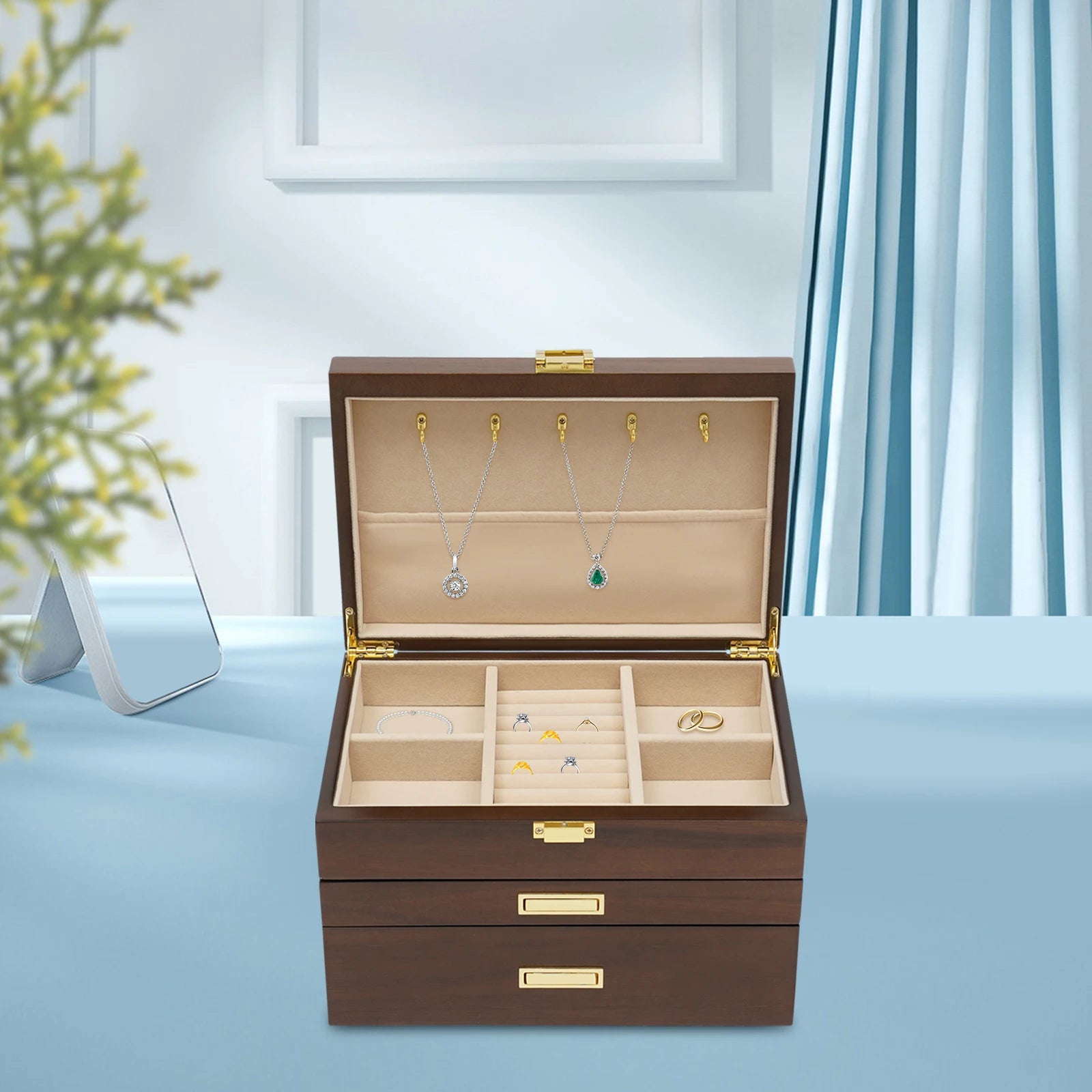 Black Walnut /Brown / White Wood Organizer Jewelry and Watch Display Case Storage Box Convenient TAVEN System LLC
