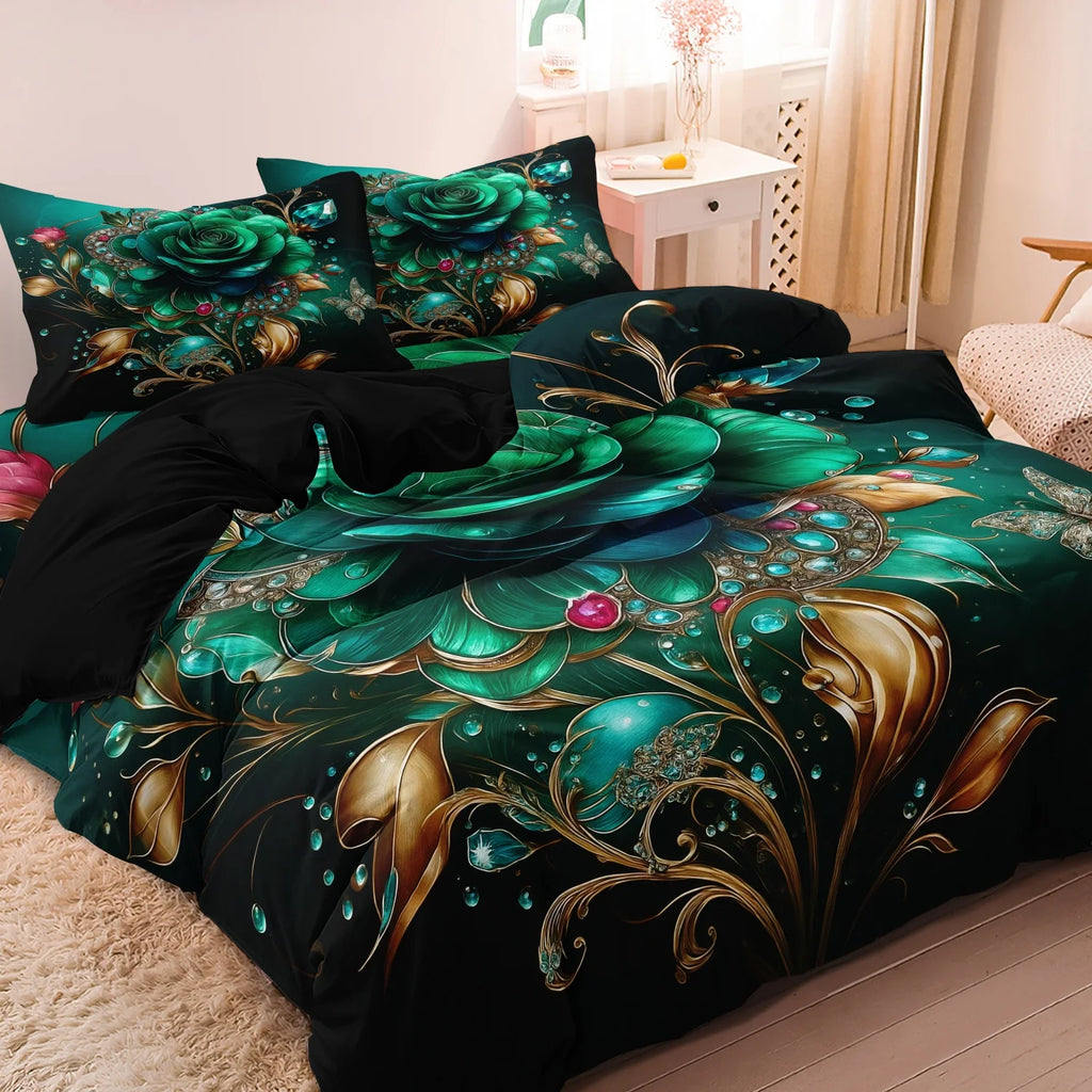 3Pcs Emerald Green & Golden Floral Rose Bedding Set - Luxury Vintage Floral Print Duvet Cover With 1*Duvet Cover + 2* Pillowcase TAVEN System LLC