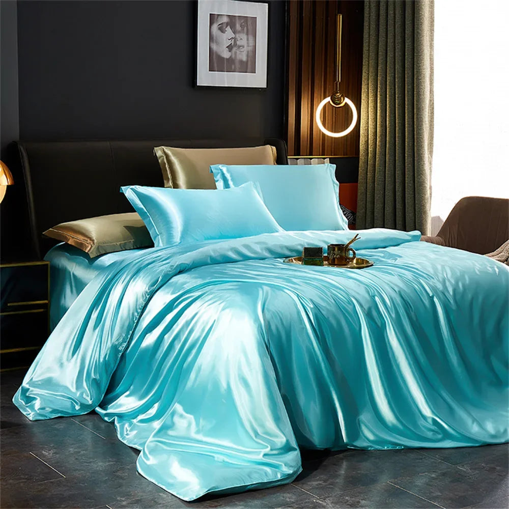 Solid Silk Bedding Set with Duvet Cover Bed Sheet Pillowcases Luxury Satin Single Double Bedsheet King Queen Twin Size TAVEN System LLC