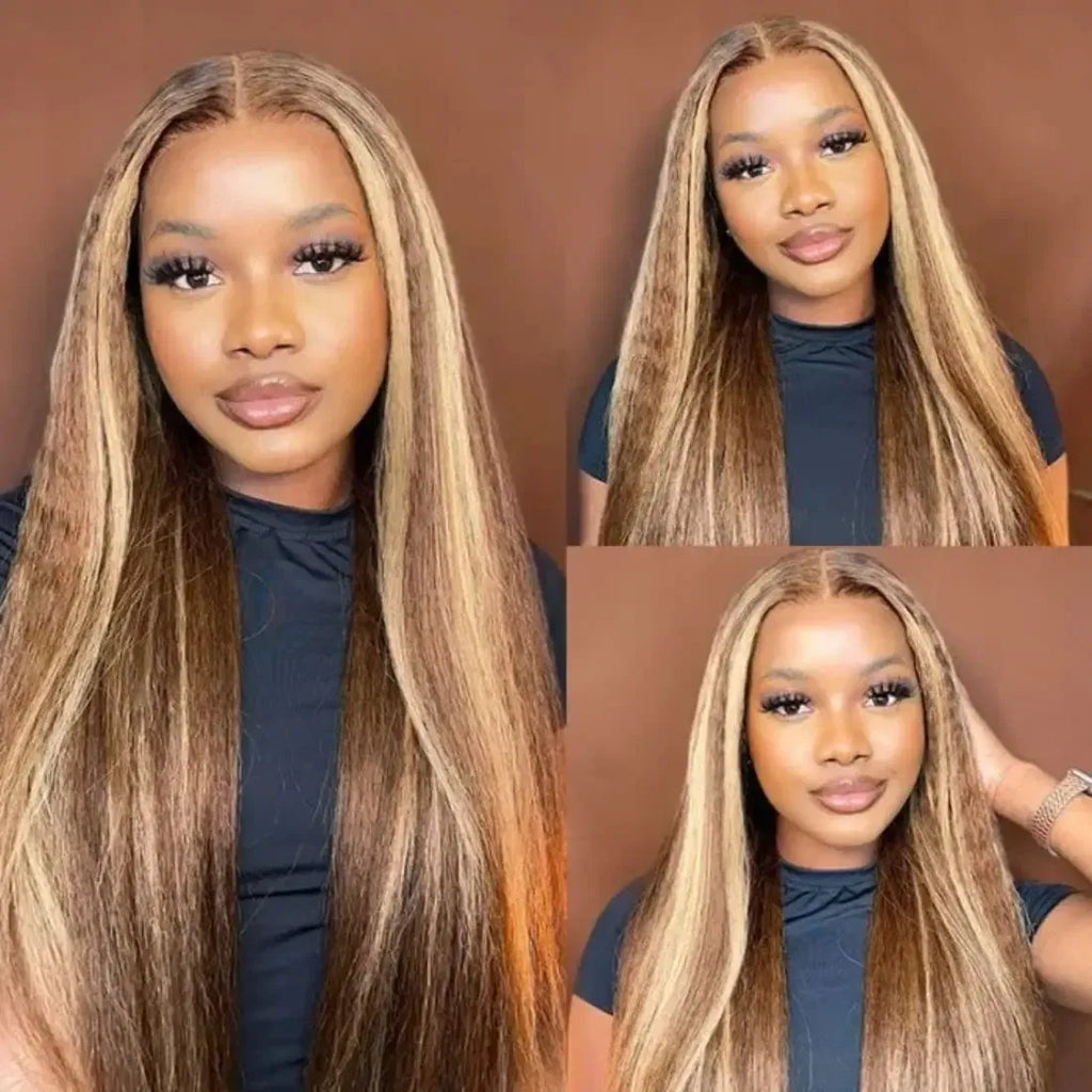 Stretched Length: 22inches, Density: 200% - 13x6 Highlight Brazilian 4/27 Brown Blonde Color Lace Wigs Kinky Straight Transparent Lace Front Human Hair Wig For Women Taven