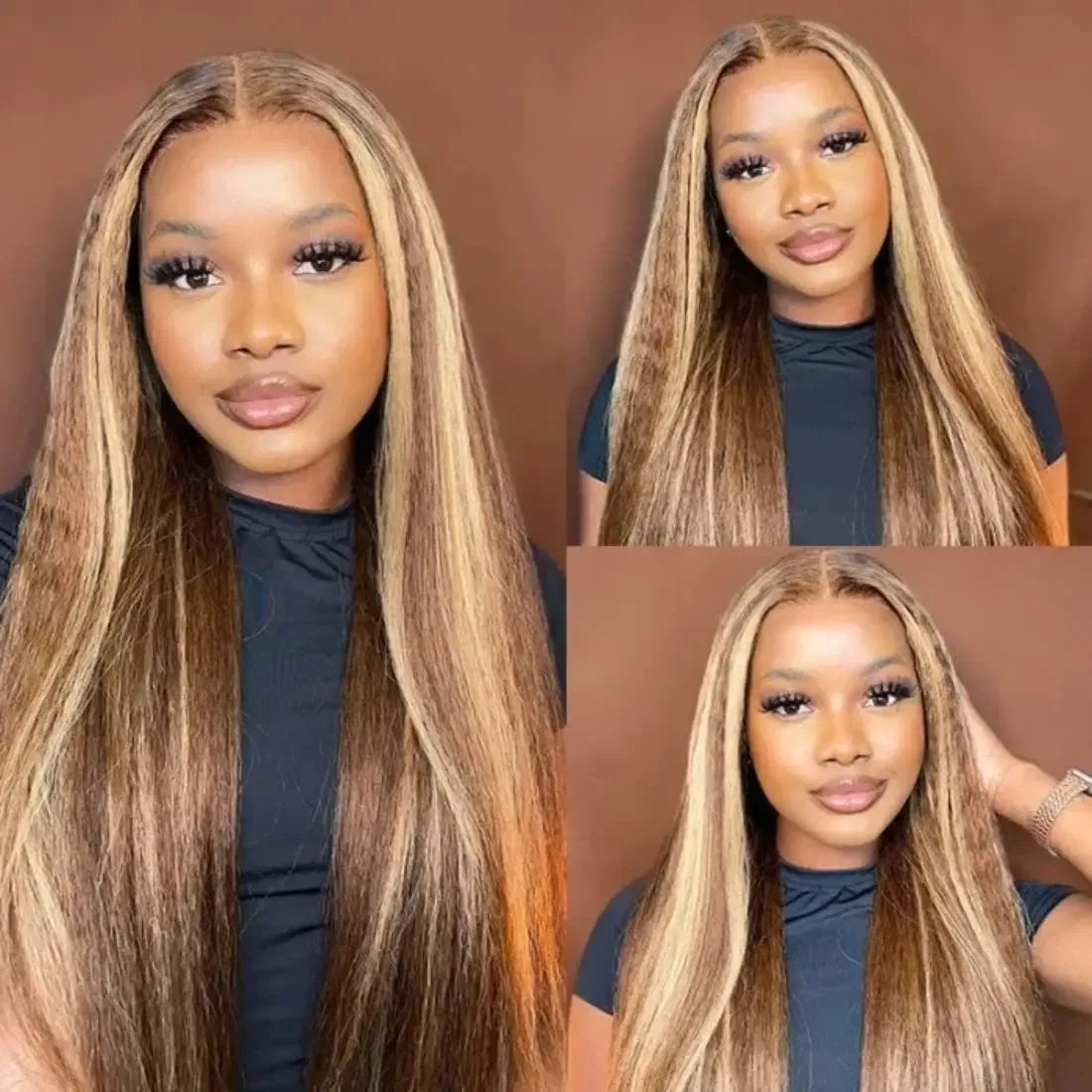 Stretched Length: 22inches, Density: 200% - 13x6 Highlight Brazilian 4/27 Brown Blonde Color Lace Wigs Kinky Straight Transparent Lace Front Human Hair Wig For Women Taven