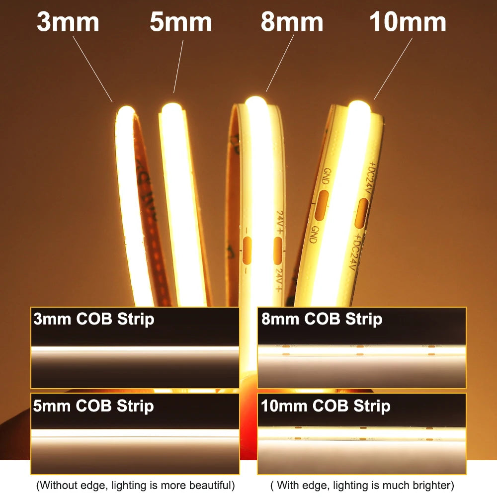 3mm 5mm 8mm COB LED Strip 12V 24V Dimmable Tape LED Ice Blue Yellow Red Green Pink White For Home Decor RA90 LED Strip Lighting TAVEN System LLC