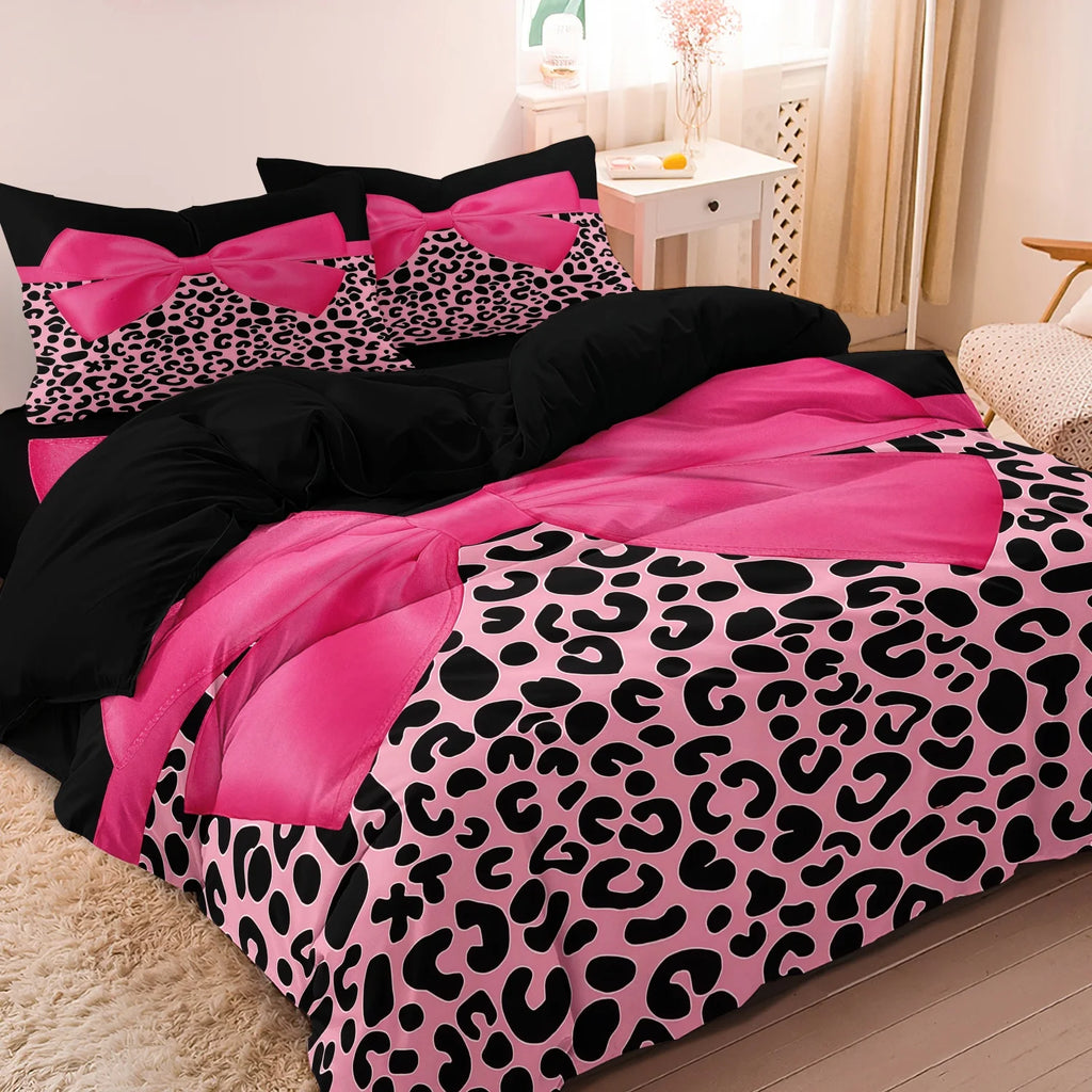 3pcs Pink Black Leopard Bow Print Bedding Set Sweet, Themed Duvet Cover, For Family Bedrooms Dormitories Hotels TAVEN System LLC