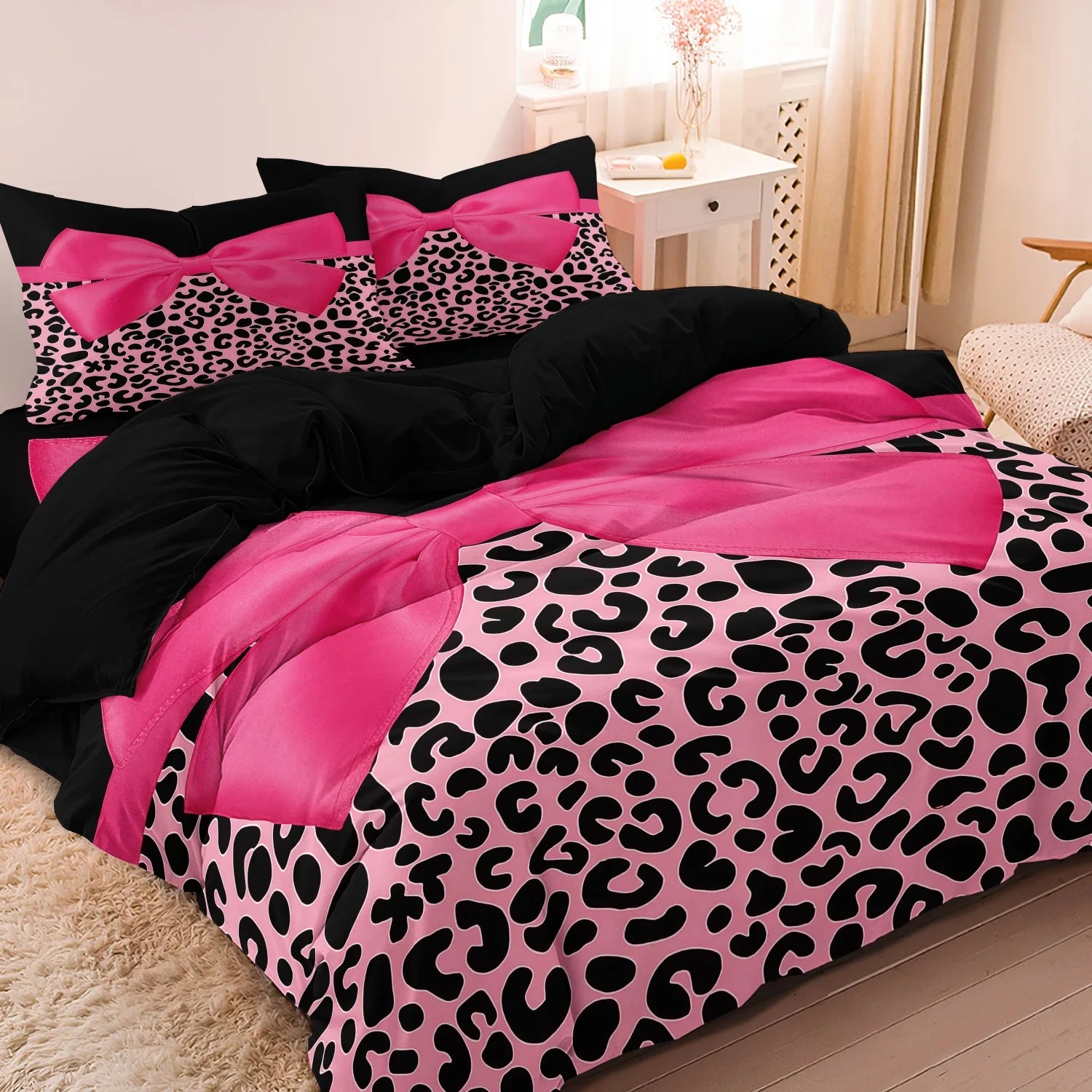 3pcs Pink Black Leopard Bow Print Bedding Set Sweet, Themed Duvet Cover, For Family Bedrooms Dormitories Hotels TAVEN System LLC