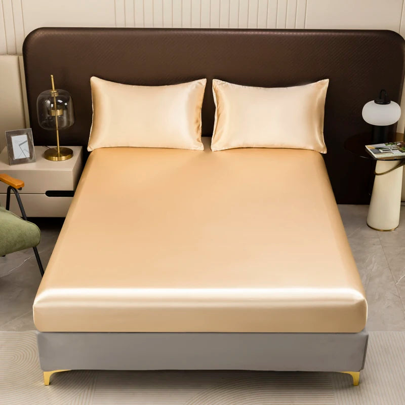 3Pcs Black Satin Fitted Sheet Solid Colour Twin Full Queen King Ice Silk Mattress Cover With Elastic Band Bed Sheet Pillowcases TAVEN System LLC
