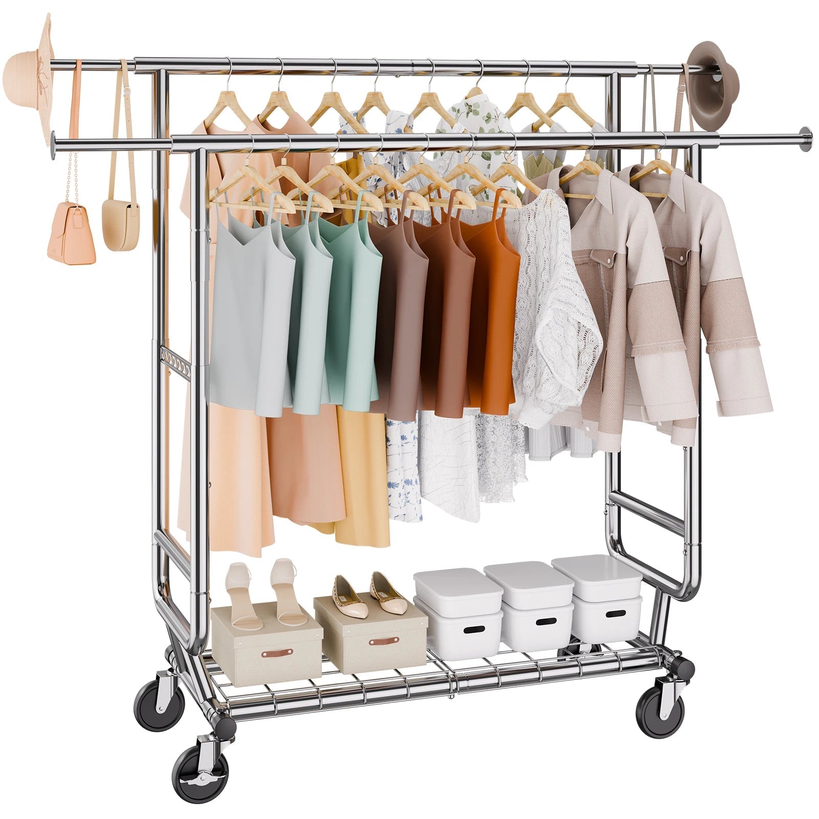 SucceBuy Heavy Duty Adjustable Rolling Garment Rack with Shelf TAVEN System LLC