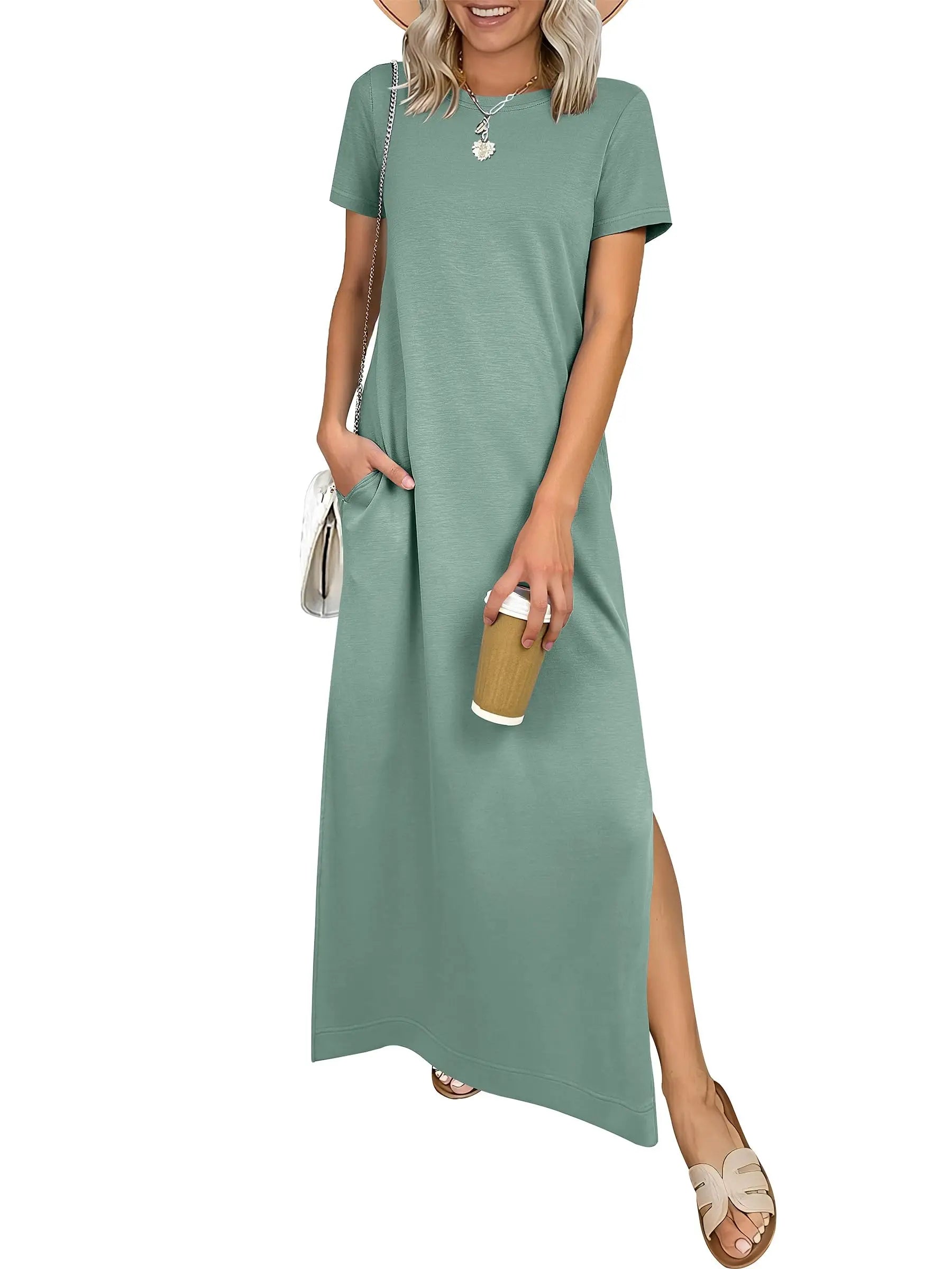 Women Short Sleeve Maxi Dress Crew Neck Side Split Casual Loose Dress