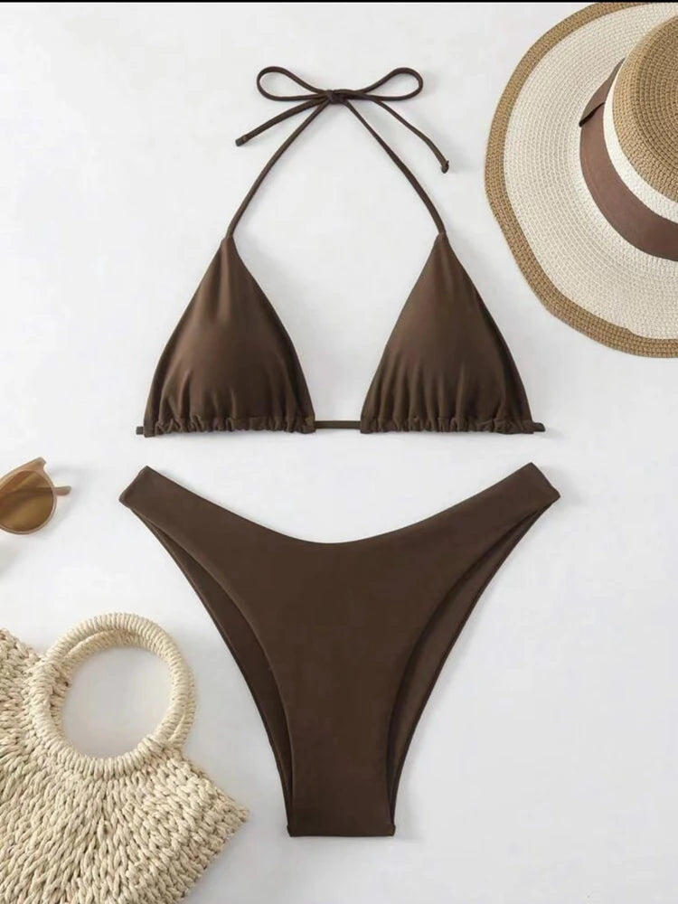 2025 Women White Bikini Chest Padded New Sexy Halter Bikini Two-Piece Set With Drawstring Straps Solid Brazilian Bathing Suit TAVEN System LLC