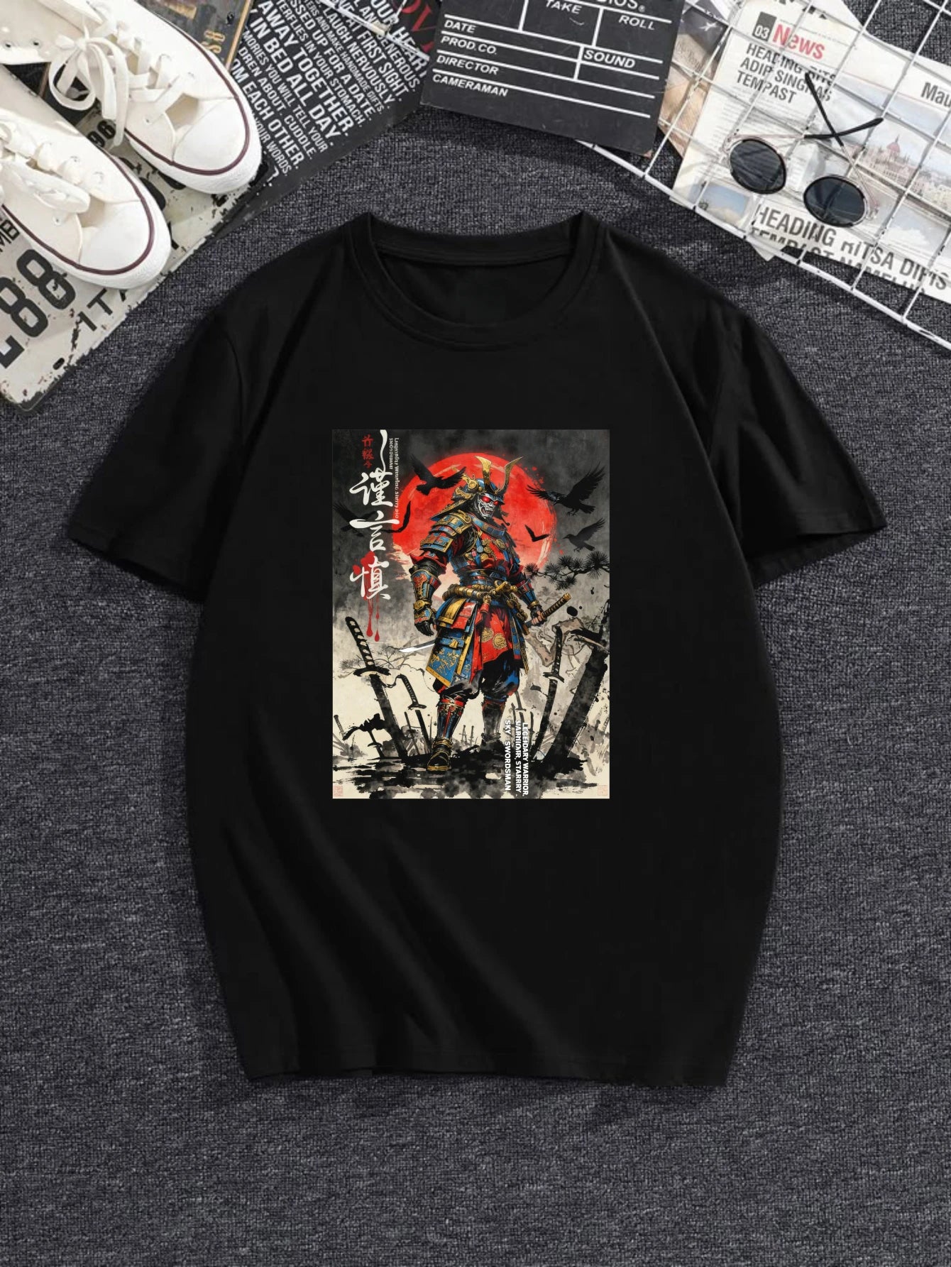 100% pure cotton short sleeved T-shirt Samurai Warrior Standing With Sword Red Moon Background Japanese Calligraphy Artwork Traditional Style Design Easy to wear and match, comfortable and fashionable, suitable for all season TAVEN System LLC