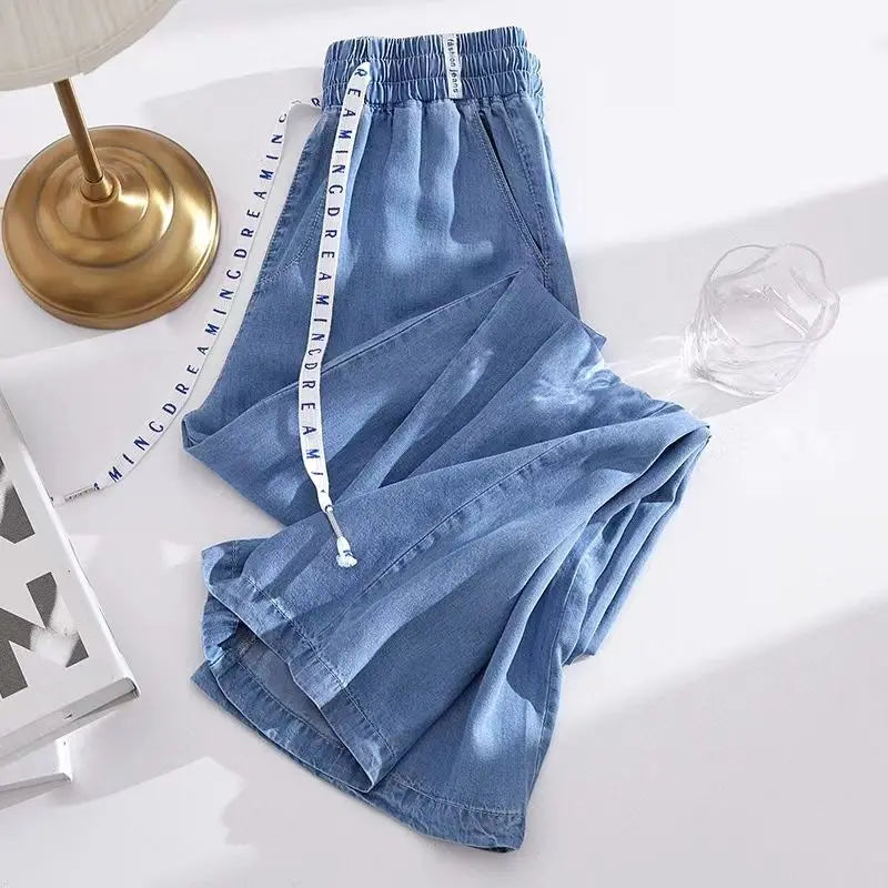 Women Plus Size Loose Fit Ice Silk Jeans Wide Leg Pants TAVEN System LLC