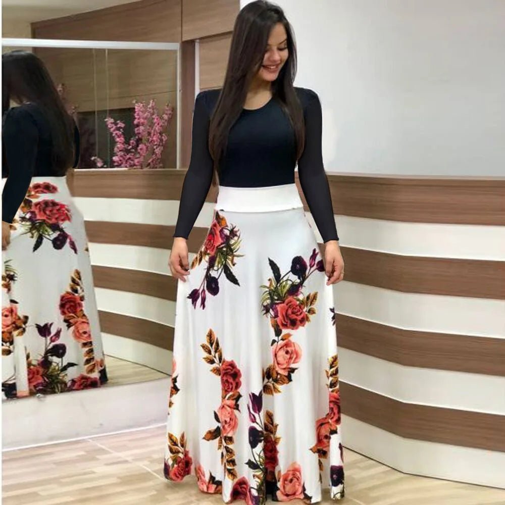2024 European and American style flower print color matching short sleeved dress for women's large swing skirt TAVEN System LLC