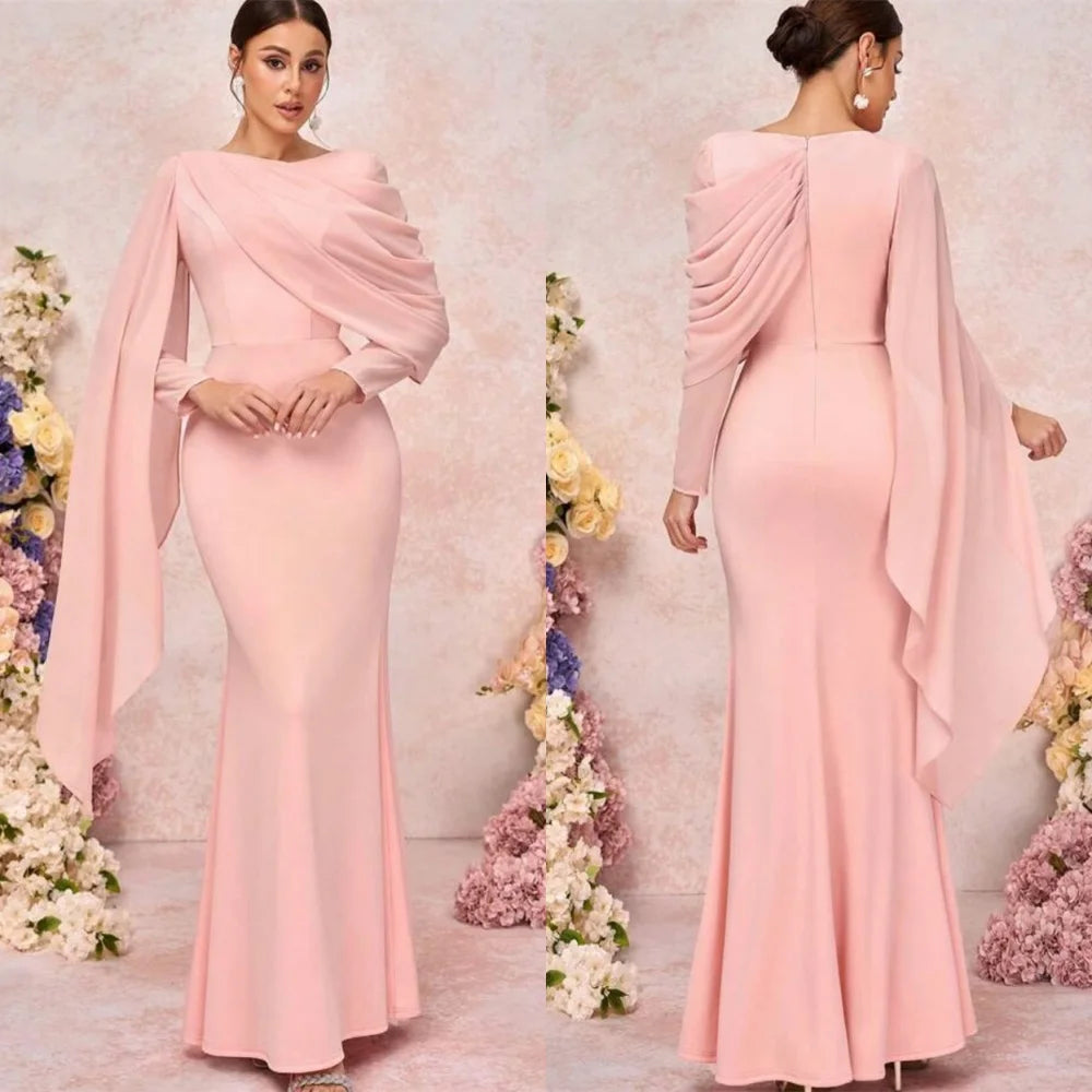 Customized  Mermaid Simple Pink Jersey Evening Dress Elegant Long Sleeves Homecoming Dresses Modern Special Occasion Go - TAVEN System LLC