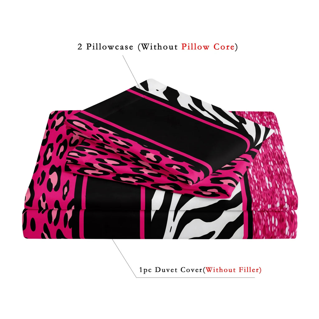 3pcs Duvet Cover Set in Red Leopard Print, Rose Red, and Black Zebra Stripe with Shiny Finish. Fashionable, Soft and Comfortable TAVEN System LLC