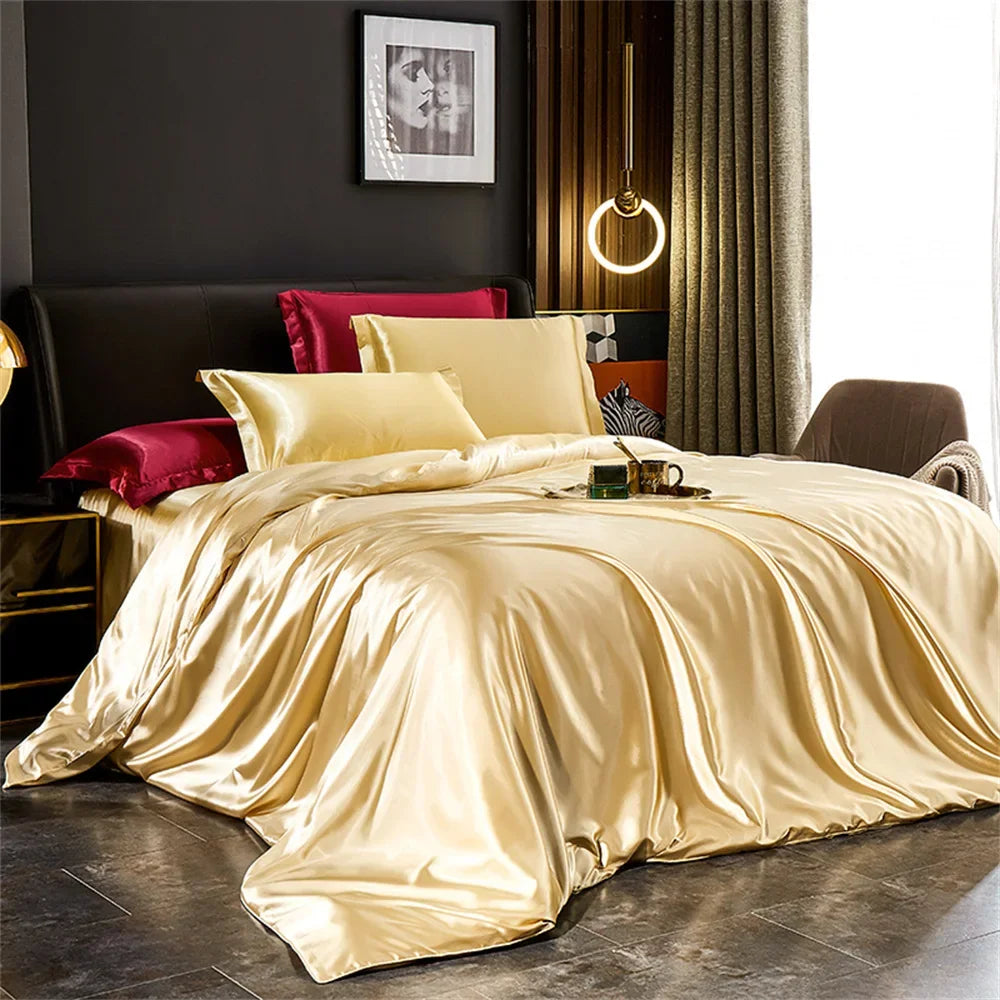 Solid Silk Bedding Set with Duvet Cover Bed Sheet Pillowcases Luxury Satin Single Double Bedsheet King Queen Twin Size TAVEN System LLC