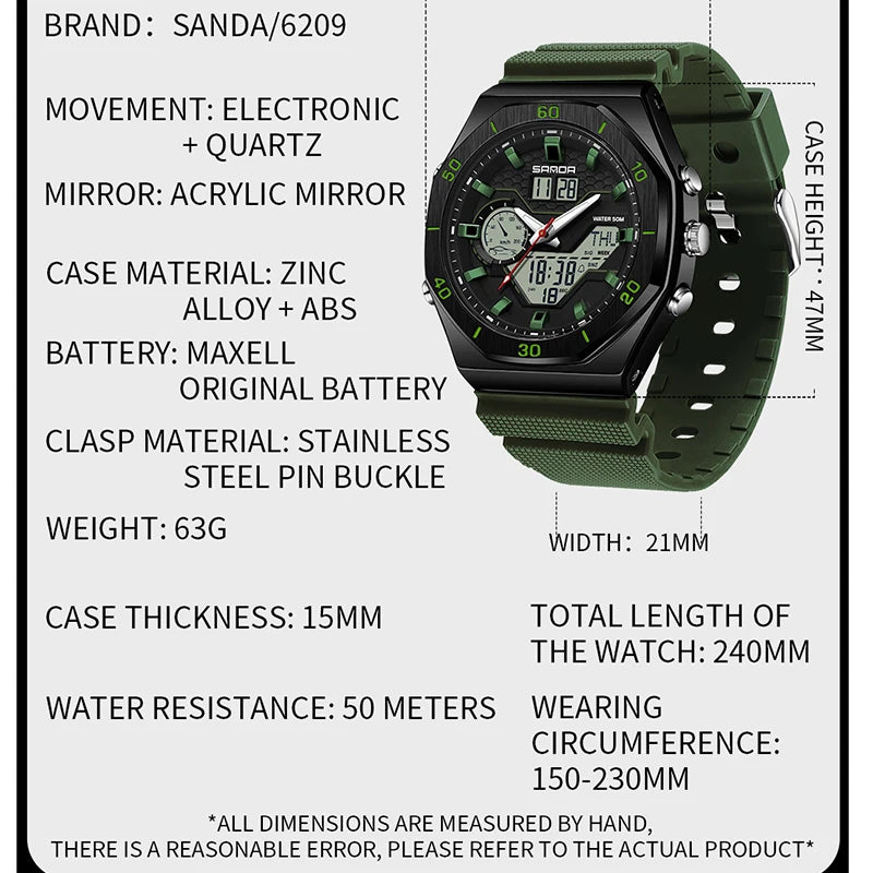 SANDA G Style Digital Men Watches Dual Display Three Time Waterproof Shock Sports Watch Military Countdown Male LED Quartz Clock - TAVEN System LLC