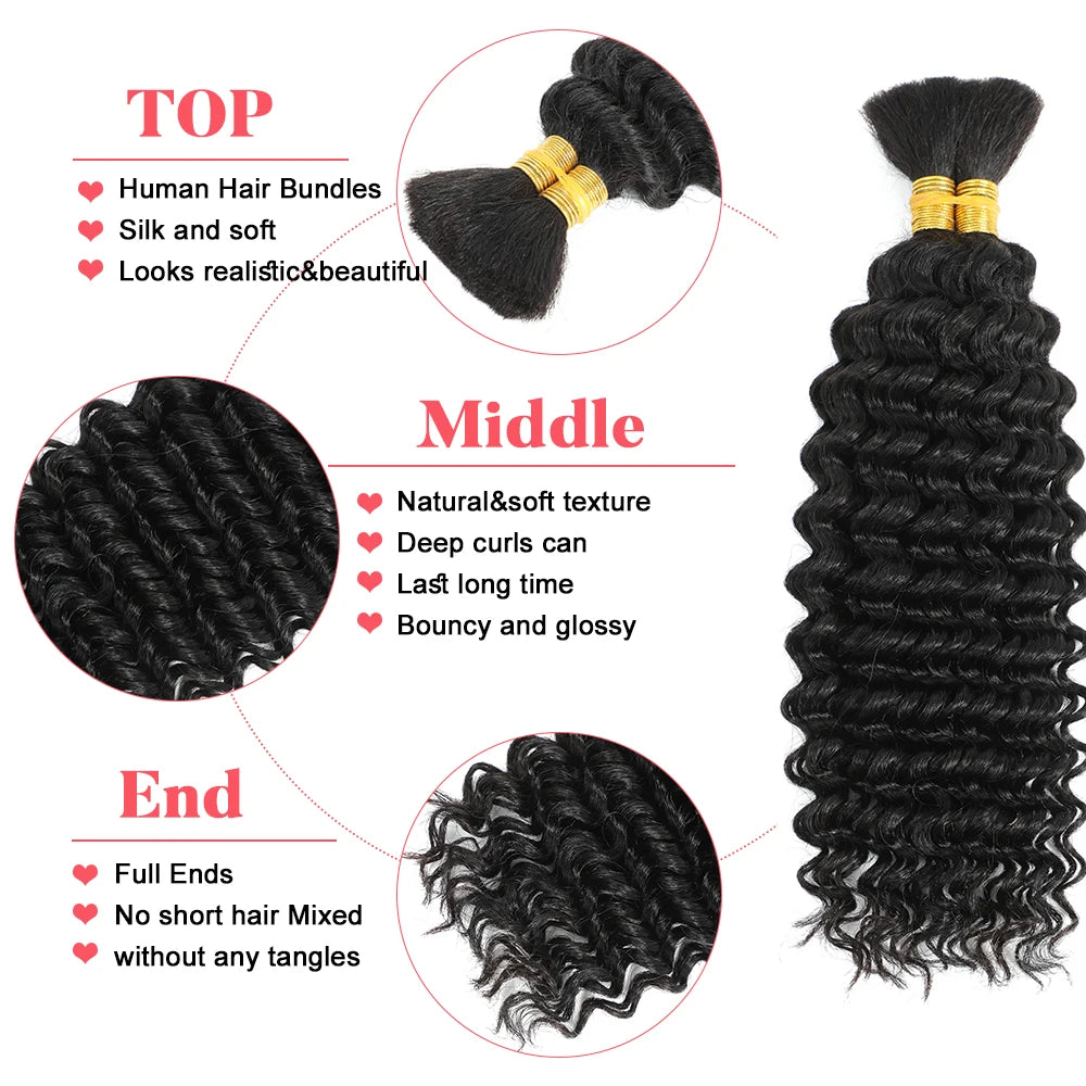 Deep wave human hair bulk for braiding 2 bundles