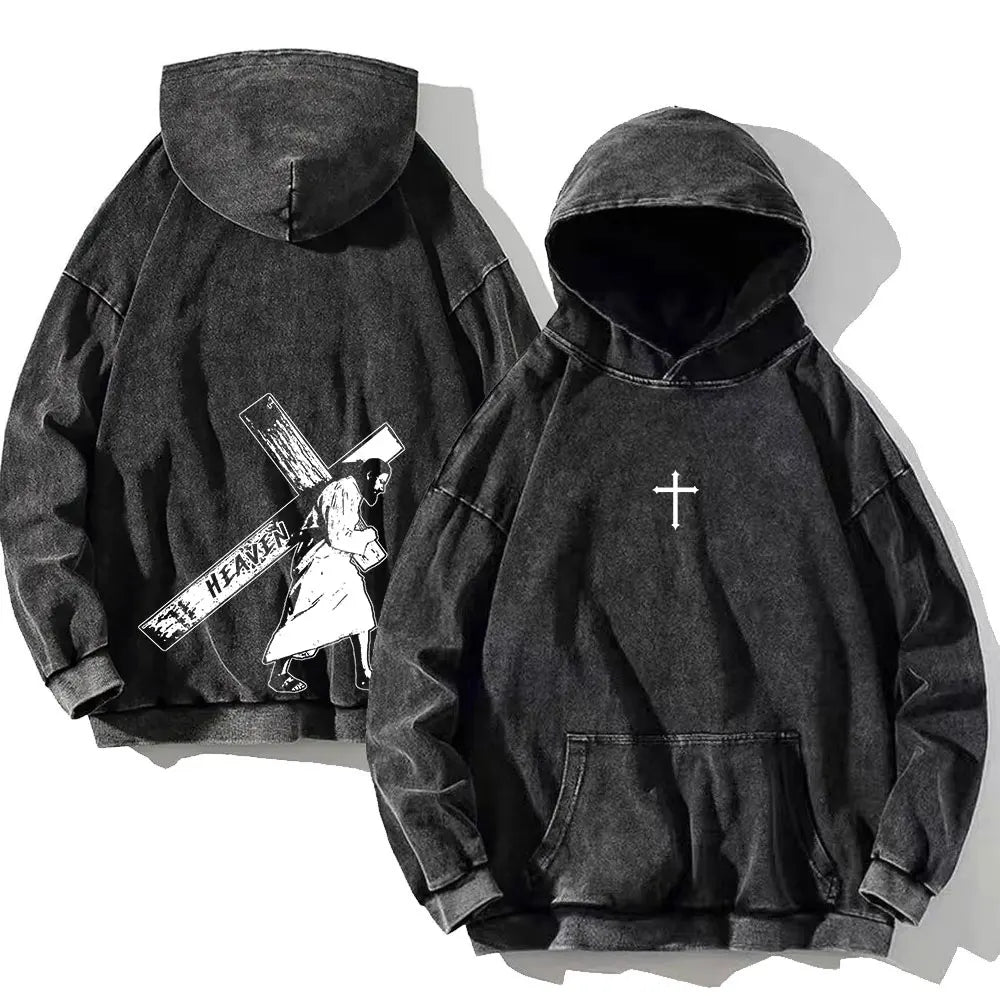 Men Vintage Psalm 91:11 Cotton Hoodie Washed Hip Hop Sweatshirt