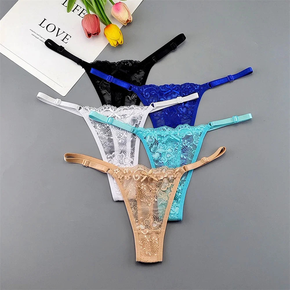 5PCS Free Shipping Seamless Women Thong Panties Adjust Belt Sexy Ice Silk G-string Lady Low Waist Lace Bikini T-back Plus Size TAVEN System LLC