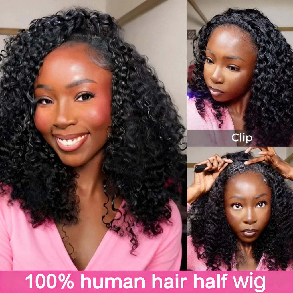 Kinky Curly V Part Human Hair Wig Glueless Clip