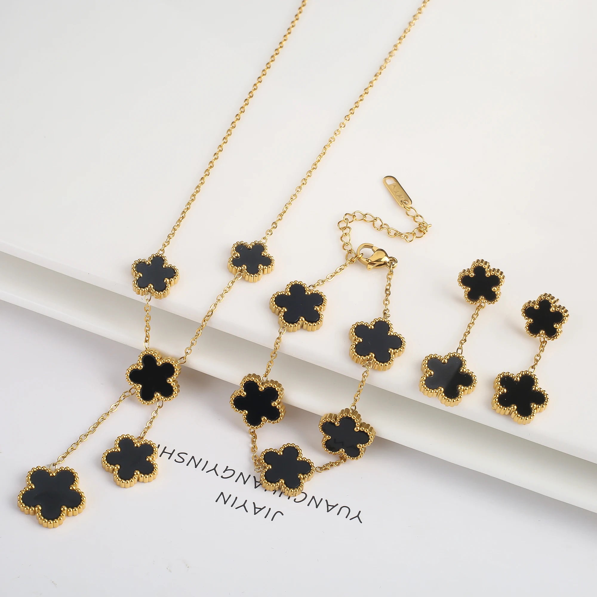 3Pcs 18k Gold-Plated Five-Leaf Flower Necklace Earrings Bracelet Jewelry Set for Woman Fashion Party Jewelry Daily Wear Clover TAVEN System LLC