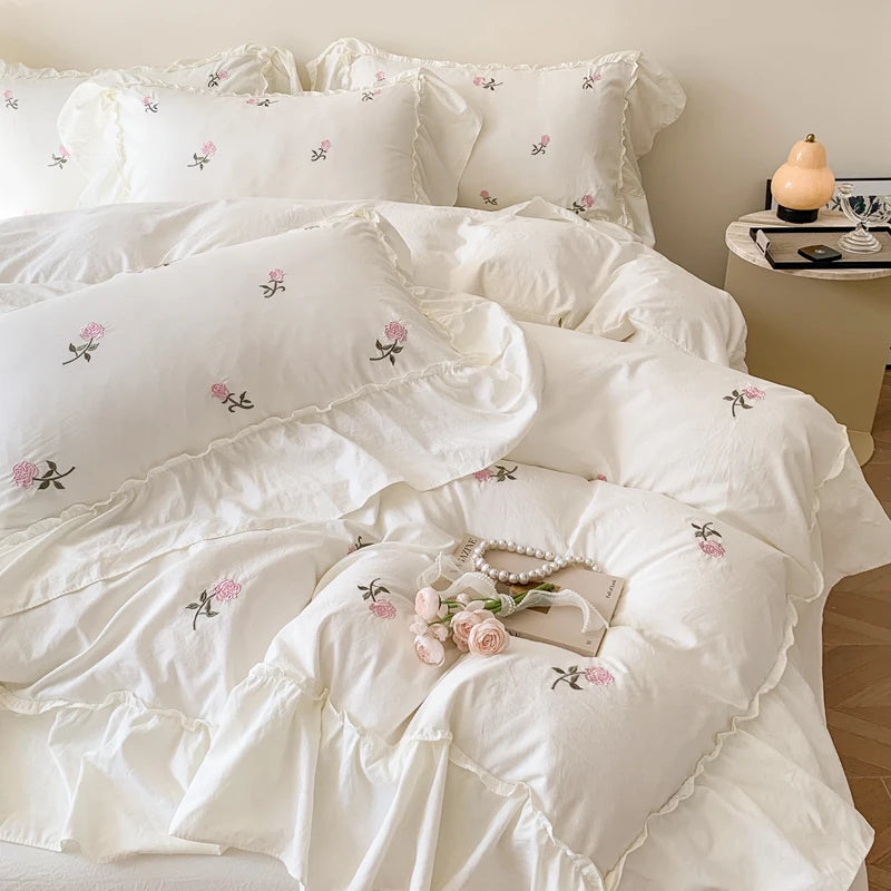 3pcs Rose Embroidered Duvet Cover Set (1*Duvet Cover + 2*Pillowcase, Without Core), Princess Style Lace Bedding Set TAVEN System LLC