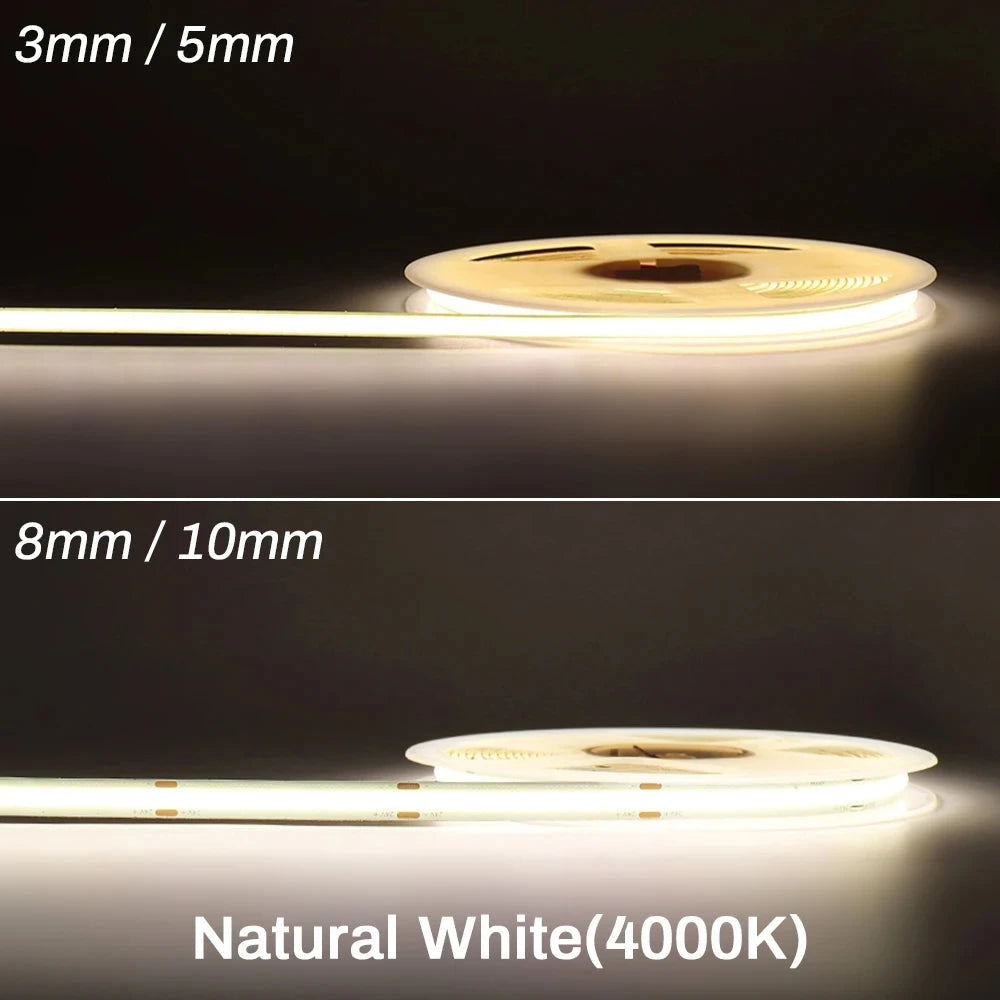 3mm 5mm 8mm COB LED Strip 12V 24V Dimmable Tape LED Ice Blue Yellow Red Green Pink White For Home Decor RA90 LED Strip Lighting TAVEN System LLC