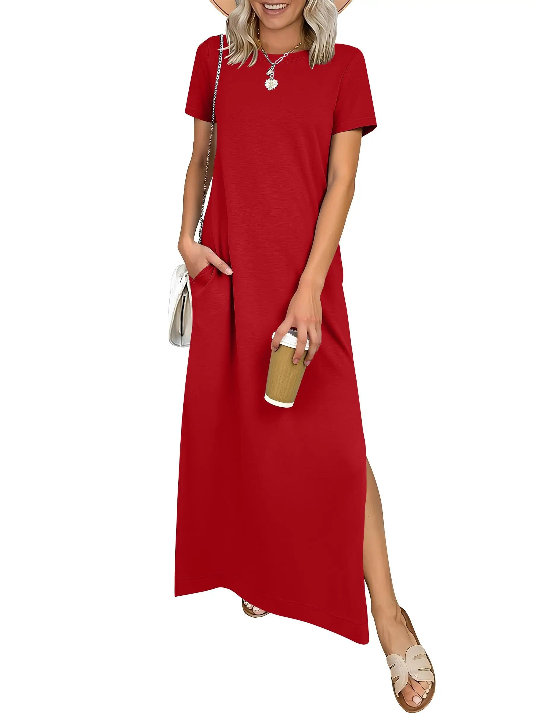 Women Short Sleeve Maxi Dress Crew Neck Side Split Casual Loose Dress