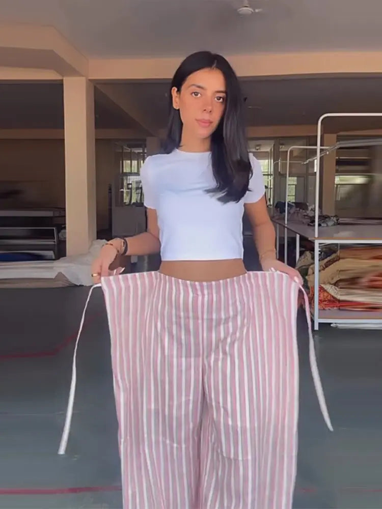 Casual Striped Women's Trouser Lace-Up Adjust Belt High Waist Wide Leg Pants 2026 Summer Autumn Fashion Female Street Trousers TAVEN System LLC