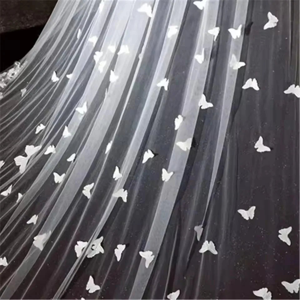 Wedding Veil Long Lace Edge 3D Butterfly Floral Appliques Face-Covered Cathedral Bridal Veil With Comb velo de novia White Ivory TAVEN System LLC