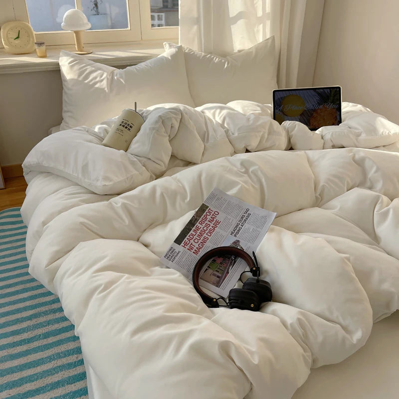 Cotton Bedding Set 4pcs with Solid Bed Sheet Duvet Cover Pillowcases Single Couple Bedsheet King Queen Double Twin Size TAVEN System LLC