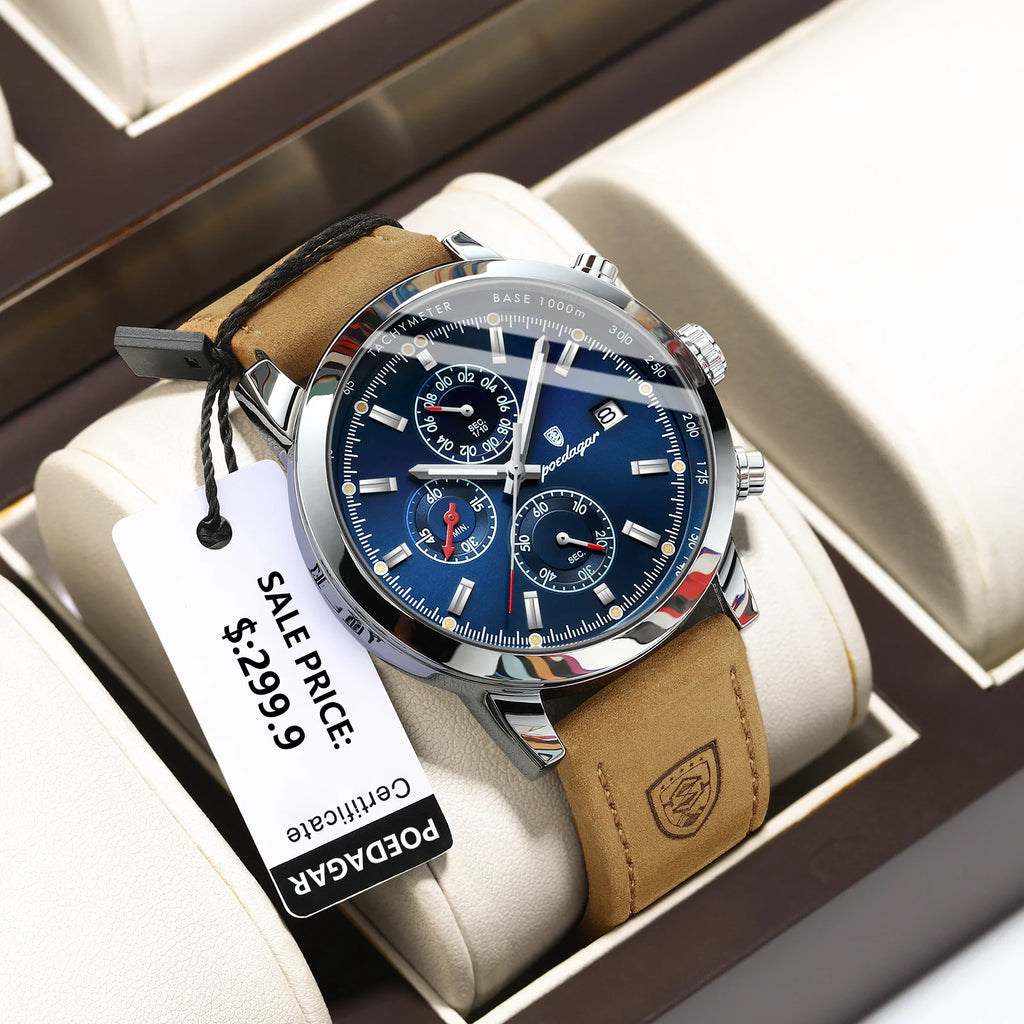 POEDAGAR Luxury Trendy Man Watch Date Waterproof Luminous Chronograph Men Watch Sports Male Stylish Leather Men's Quartz Watches - TAVEN System LLC