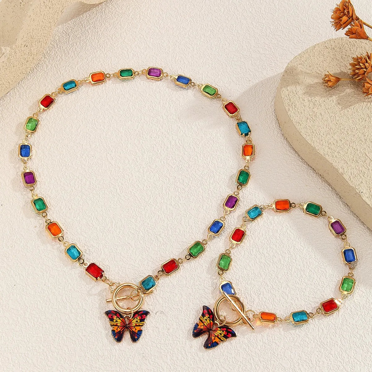Multicolor Rectangle Rhinestone Butterfly OT Toggle Jewelry Set for Women, 14K Gold Plated Matching Choker Necklace Stackable Bracelet, Boho Colorful Summer Jewelry Gift for Festival Vacation Party TAVEN System LLC