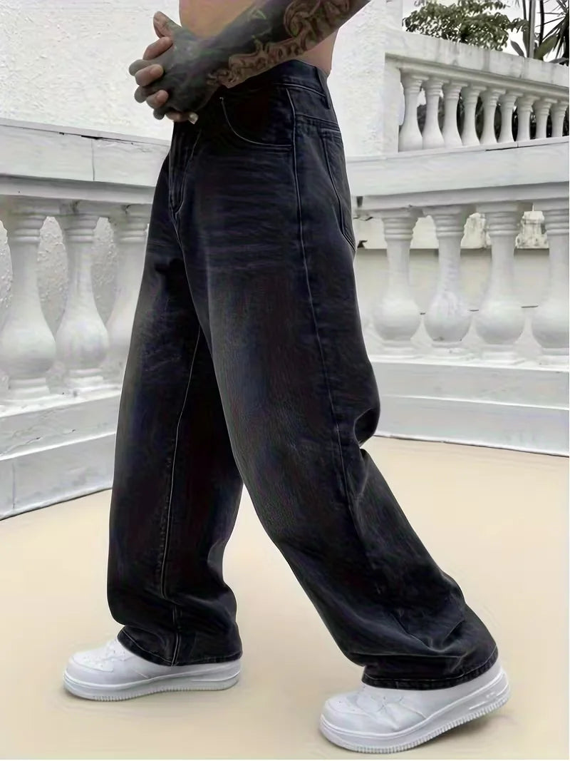 Men's loose wide-leg jeans, black washed non-stretch denim pants, multi-pocket design, suitable for daily casual wear. TAVEN System LLC