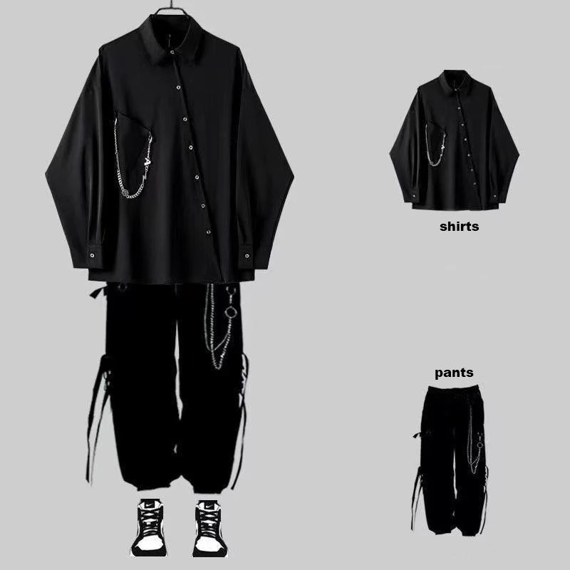 Men Black Gothic Asymmetrical Shirt Co-ord Oversized Streetwear