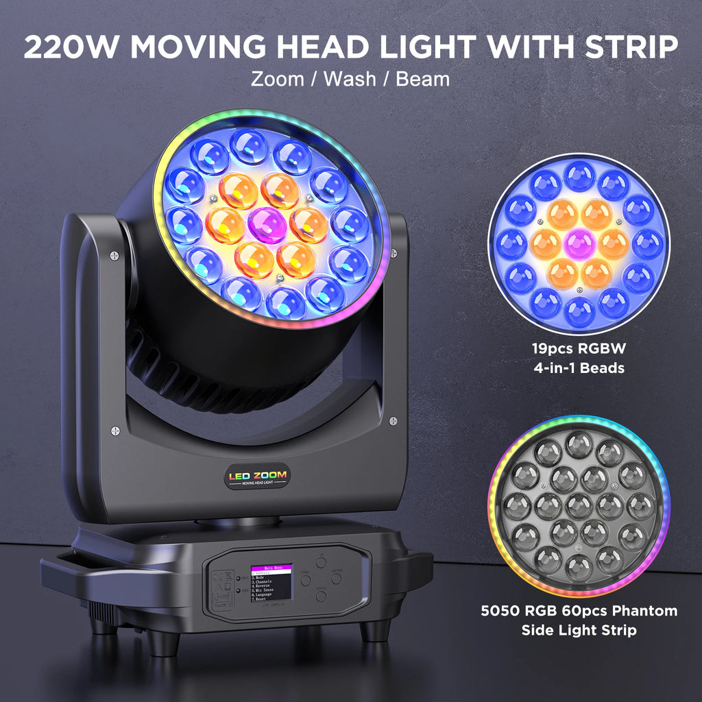 Yiflamefly 2Pcs 220W Zoom Wash Moving Head Light With Light Strip 19X8W LED RGBW Stage Light For Disco Bar KTV Wedding Party TAVEN System LLC