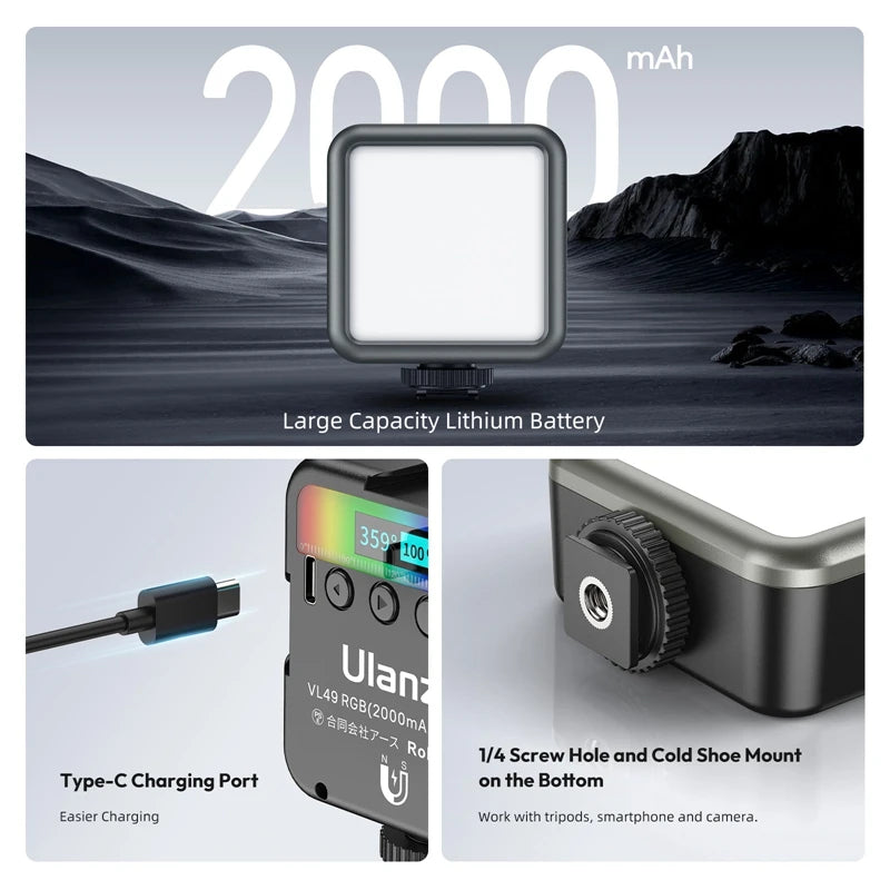 Ulanzi VL49 RGB Mini LED Video Light 2000mAh 2500K-9000K Portable Photography Lights Vlog Fill Light for DSLR SLR Camera Lamp TAVEN System LLC