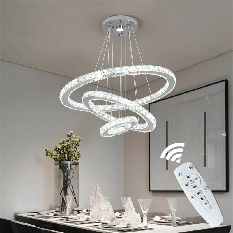 Modern Crystal Rings Led Chandelier Indoor Luxury Ceiling Lamp Dimming And Remote Control Pendan Lighting Chrome Lustre Fixtures TAVEN System LLC