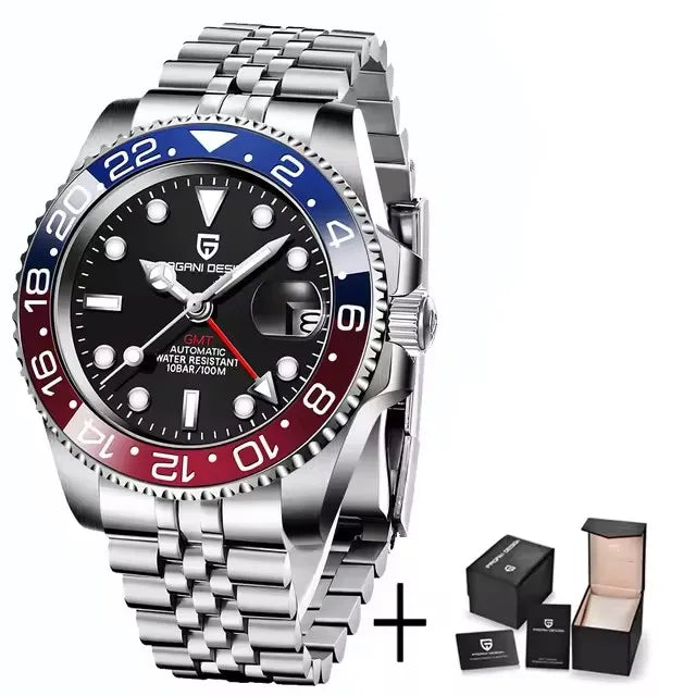 PAGANI DESIGN 40MM Black Gray Dual Tone Automatic Mechanical GMT WATCH Sapphire Glass Stainle Steel Sports luminous Watches men - TAVEN System LLC