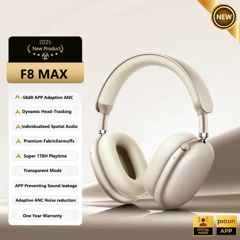 Picun F8 Pro ANC Wireless Headphones Head Tracking 3D Spatial Audio -52dB ANC HIFI Bluetooth Headset ENC HD Mic Low-Latency APP TAVEN System LLC