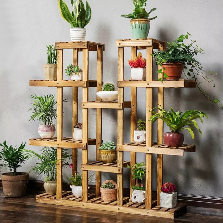 Wooden multi tier plant stand for indoor outdoor flower pots