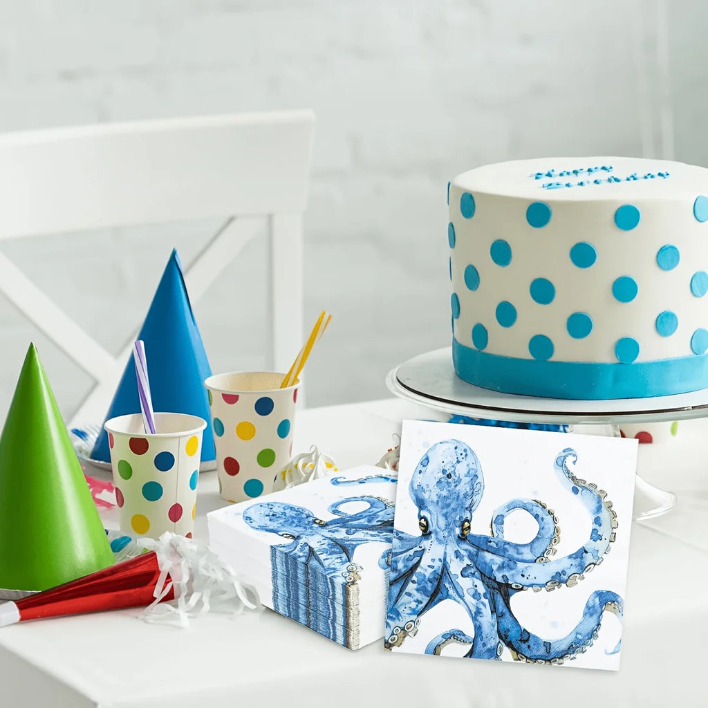 10 Ocean-themed party napkins for weddings, birthdays, baby parties - watercolor octopus and nautical table decoration, blue for summer parties, paper napkins for nautical table arrangement gifts TAVEN System LLC