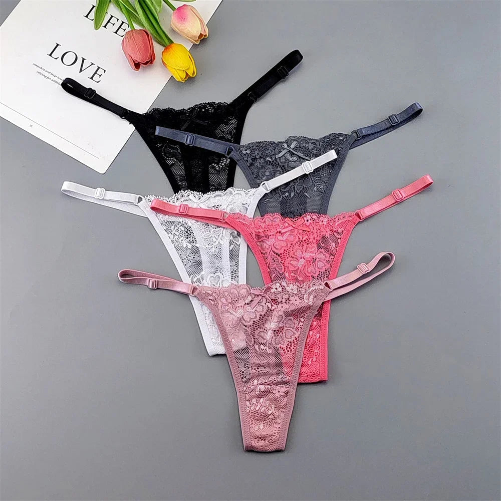 5PCS Free Shipping Seamless Women Thong Panties Adjust Belt Sexy Ice Silk G-string Lady Low Waist Lace Bikini T-back Plus Size TAVEN System LLC