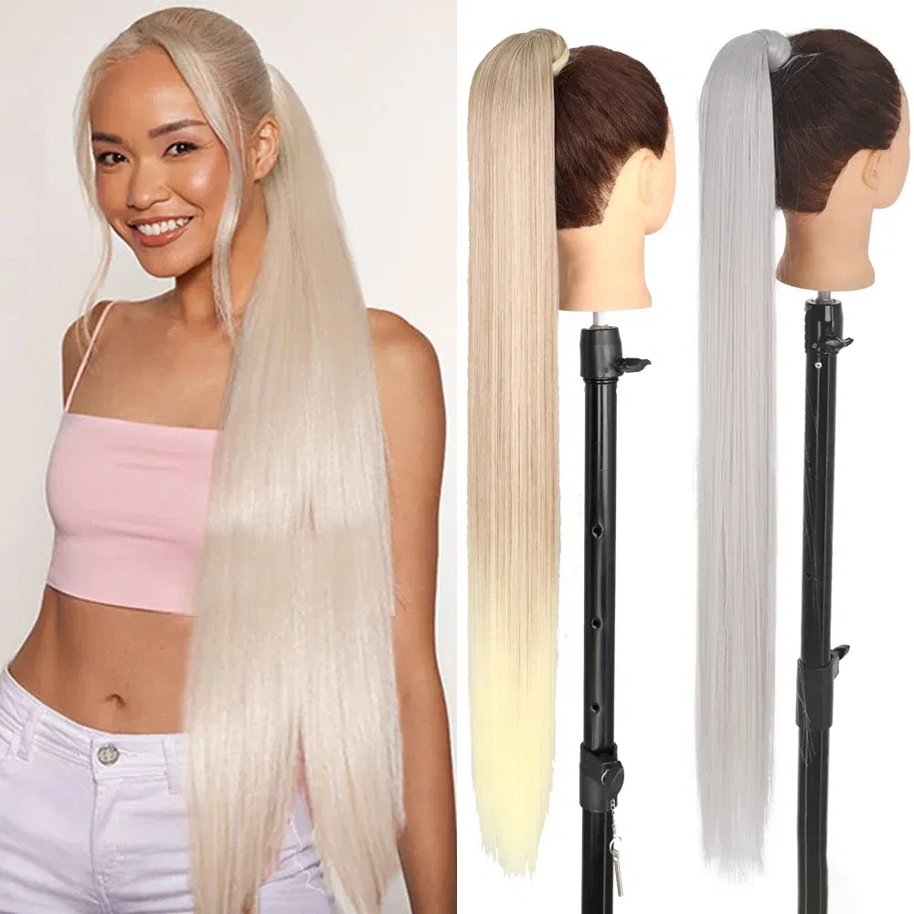 Color: T1B/350, Stretched Length: 34inches - AZQUEEN Straight Synthetic Hairpiece With Ponytail 85cm Super Long Wrap Around Clip In Hair Extensions Pony Tail For Daily Wear Taven