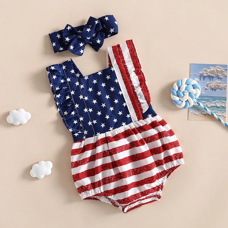 Baby Girl 4th of July Ruffle Romper with Matching Headband